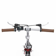 Bicycle handlebar with brown grips and a digital display on a white background