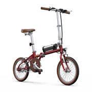 Red folding bicycle with a battery pack on a white background