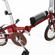 Red bicycle with a battery pack on a white background