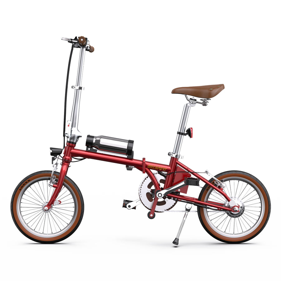 Red folding bicycle with a brown seat on a white background