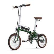 Green folding bicycle on a white background