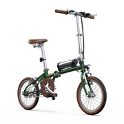 Green folding bicycle with brown seat and tires on a white background