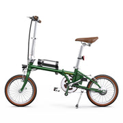 Green folding bicycle with brown seat on a white background