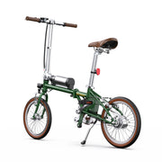 Green folding bicycle on a white background