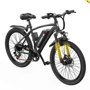 A black UNIBE electric mountain bike with a battery mounted on the frame, front headlight, fenders, and a suspension fork with yellow shock absorbers, shown on a white background.