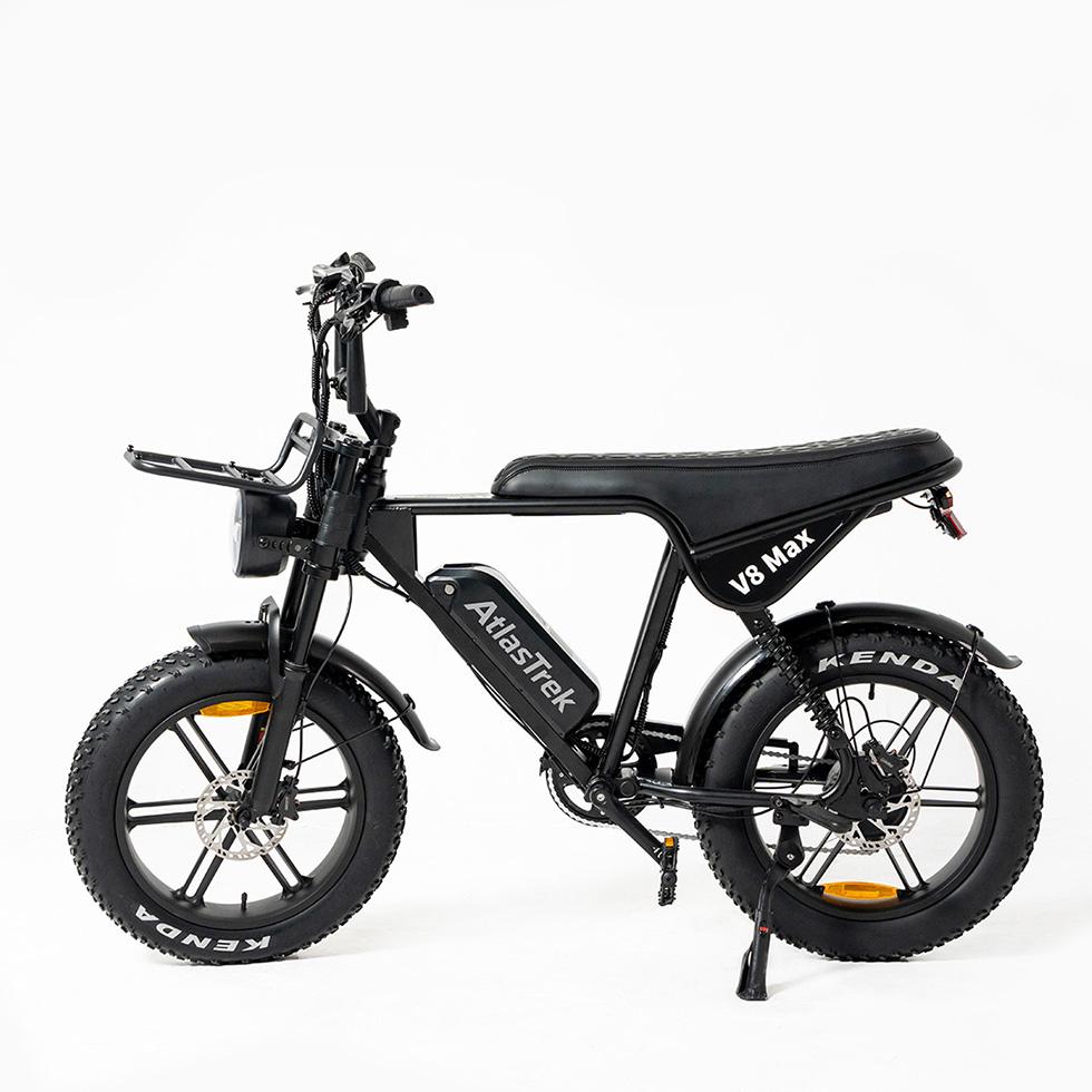 Black electric bike with 'AtlasTrek' branding on a white background