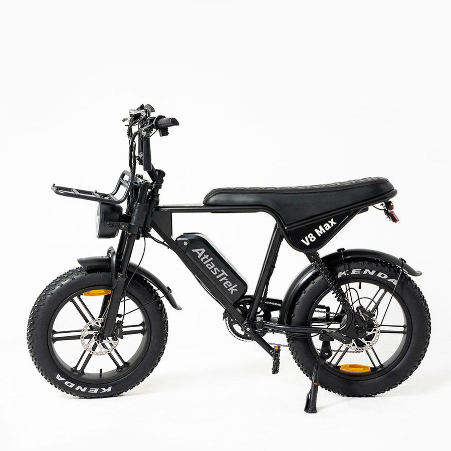 Black electric bike with 'AtlasTrek' branding on a white background