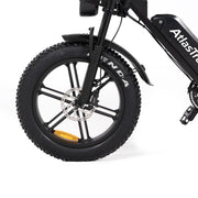 Close-up of a black electric bike wheel with 'Athena' branding on a white background