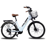 White electric bicycle with a basket on a white background, featuring the brand 'VOMO'.