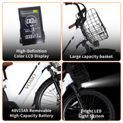 VOMO electric bike features including front light, removable battery, front basket, LCD display.