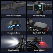 A six-panel feature collage showing a black electric bicycle or scooter component set: handlebar-mounted horns and headlights, a clear LED display, comfortable seats, bright headlights, and a brake tail light, with text labels on a dark blue background.