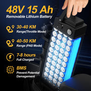 A handheld 48V 15Ah removable lithium battery lantern with a black housing, circular silver battery cells, and a bright blue light bar, shown with a hand on the handle. Large text on the left lists features like range, full charge time, and BMS.