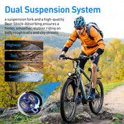 Man riding a bicycle on a trail with text about dual suspension system and images of different terrains.