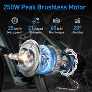 250W peak brushless motor with specifications on a bike wheel background