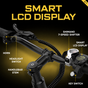 Close-up of a bicycle handlebar setup with labeled callouts including horn, headlight switch, handlebar stem, key switch, and Shimano 7-speed shifter, plus large text reading SMART LCD DISPLAY.