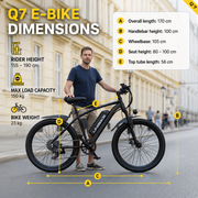A man stands beside a black Q7 E-Bike on a city street, with overlaid dimension labels and text showing bike measurements including overall length, handlebar height, wheelbase, seat height, and top tube length.