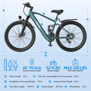 Electric bicycle with specifications on a blue background